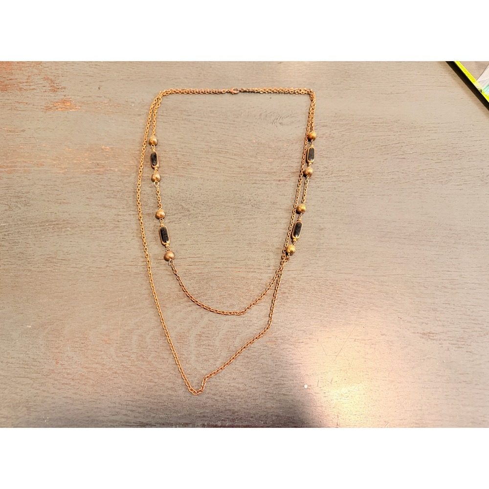 Vintage Gold Tone Layered Chain Necklace Black Cabochon Stations 32 Inch